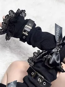 Gothic black lace fingerless arm warmers y2k punk sleeves with leather buckles and ribbons.