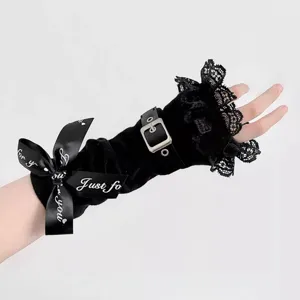 Gothic punk black lace fingerless sleeves with buckle and ribbon, Y2K aesthetic style.
