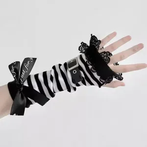Y2K Black White Striped Arm Warmers Lace Fingerless Gloves Punk Style Aesthetic Sleeves