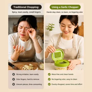 Manual stainless steel garlic press for kitchen use, fast garlic chopper and mincer tool.