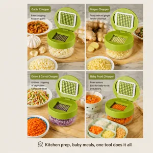 Manual press garlic chopper, multi-functional kitchen tool for slicing vegetables and making baby food.