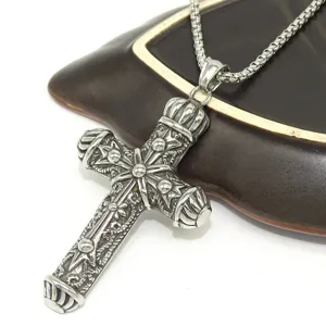 Stainless steel retro cross pendant necklace for men, vintage gothic style punk jewelry.