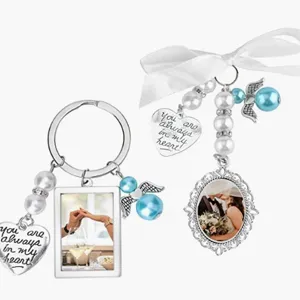DIY wedding keychain photo frame bow pearl pendant variant style with heart charm engraved text