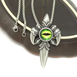 Detailed view of the stainless steel punk dragon eye sword pendant necklace with fine craftsmanship.