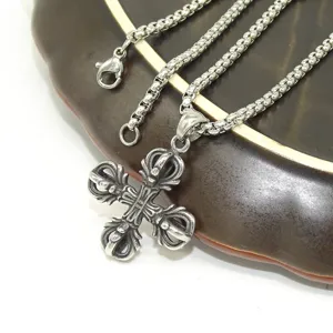 Stainless Steel Cross Dorje Vajra Pendant Necklace Men Gothic Jewelry Vintage Charm