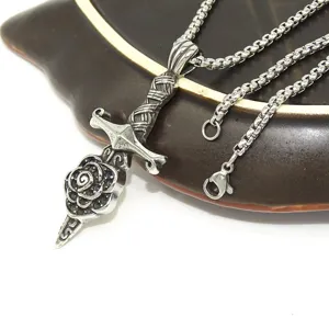 Stainless steel dagger rose pendant necklace with box chain, punk gothic jewelry for men.