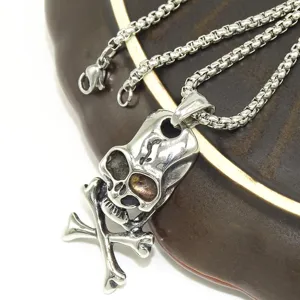 Stainless steel skull crossbones pendant necklace detail shot punk rock jewelry close up