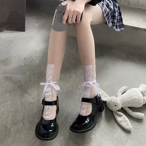 Transparente Spitzen-Rüschensocken für Damen, süße japanische Schleifensocken mit passenden Schuhen.