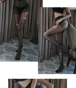 Mujeres sexy medias negras transparentes collant erótico rasgado vista detallada