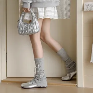 Calentadores de punto gris para mujer estilo Y2K estético lindo lazo corbata calcetines otoño