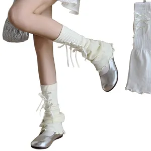 Calentadores de piernas Y2K blancos para mujer, calcetines de punto fino con lazos estilo JK.