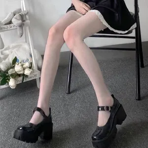 Gros plan détaillé de chaussures plateforme JK et collants pour femmes, présentation de jambes.