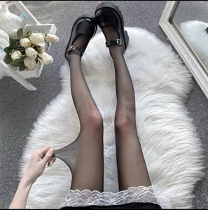 Gros plan détaillé de collants noirs transparents montrant une haute élasticité et texture.
