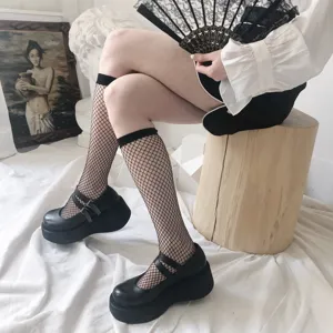 Black fishnet socks, short calf mesh, trendy JK dark style for summer daily outfit.