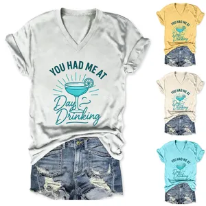 Dames V-hals korte mouw casual T-shirt met cocktail grafische print, verschillende kleuren opties.