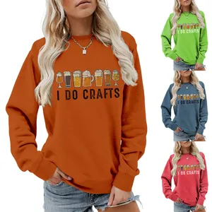 Women's long sleeve crewneck sweatshirt with funny beer glasses graphic print for autumn winter.