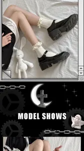 Detailed view of sweet Japanese style ruffled lace white lolita socks and vintage shoes.