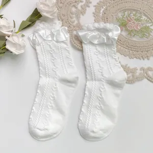 Sweet Japanese frilly ribbon heart short socks Lolita cute mid-calf cotton socks