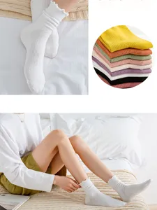White ruffled mid-tube socks for women, sweet college style everyday comfortable socks.
