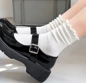 Women's Ruffle Lace Edge Mid Calf Socks Sweet Japanese Style Solid Color Breathable Casual Cotton Blend Crew Socks