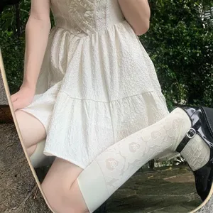 Women Retro French Style Lace Calf Socks Vintage Floral Embroidered Sheer Mesh Mid Tube Socks JK Fashion Hosiery