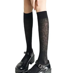 French vintage floral embroidered sheer lace knee high socks for women black calf socks