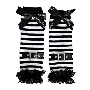 Black and white striped arm warmers with lace bows and punk buckle y2k style