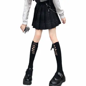 Women cross lace-up knee high socks with pleated skirt stylish sweet JK outfit main shot