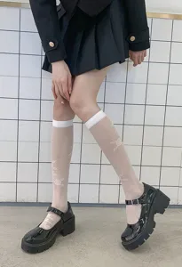 Sheer white knee high socks with delicate rose pattern, perfect for vintage cute styles.