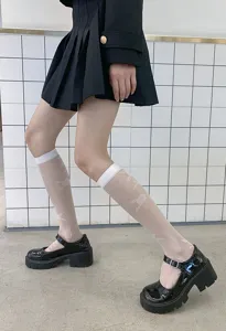 Ultra-thin sheer knee high socks with delicate white rose pattern, perfect summer detail style.