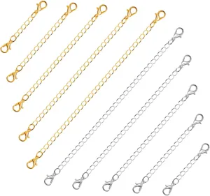 Set of gold and silver jewelry extension chains with lobster clasps for DIY necklaces.