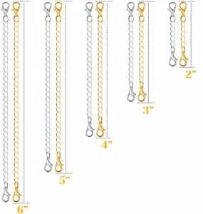 Gold and silver necklace extender chains in 5 sizes from 2 to 6 inches for DIY jewelry making.