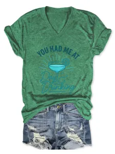 Groene V-hals korte mouw t-shirt met cocktail print casual dames zomer top kleding