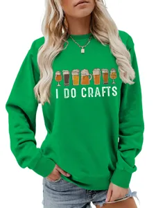 Women green graphic sweatshirt casual long sleeve pullover with beer cups print top