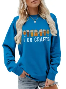 Close-up detail of the funny beer glasses print and text graphic on the blue long sleeve fabric.