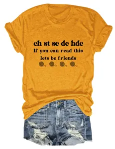 Casual women short sleeve t-shirt with funny crochet text print, comfortable yellow round neck top.