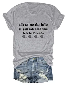 Casual grey short-sleeve crochet humor t-shirt paired with denim shorts for daily wear.
