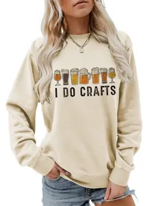Women funny beer cups graphic sweatshirt casual long sleeve crewneck pullover top beige