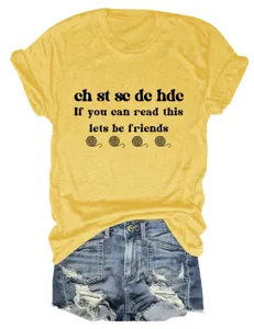 Casual yellow short sleeve t-shirt with funny crochet text print for women everyday wear.