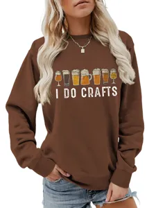 Close up detail view of the funny beer crafts graphic print on the casual brown sweatshirt.