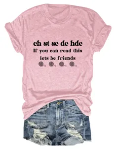 Women casual short sleeve T-shirt with funny crochet text print, comfortable round neck top.