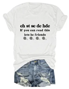 Casual crochet letter print short sleeve t-shirt for women, comfortable daily wear top.