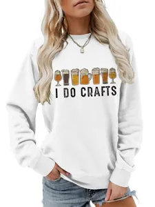 Women's casual white long sleeve crewneck sweatshirt featuring funny beer glasses graphic print.