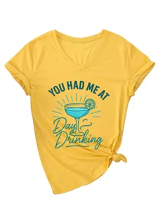 Casual dames V-hals korte mouw T-shirt zomer grafische top met stijlvolle knoopzoom