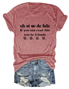 Casual round neck short sleeve t-shirt with funny crochet print and denim shorts outfit.