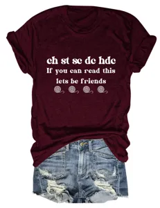 Burgundy short sleeve t-shirt with fun crochet text print, casual crewneck top for women.