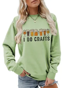 Women's casual green graphic sweatshirt featuring cute beer glasses and funny letter print.
