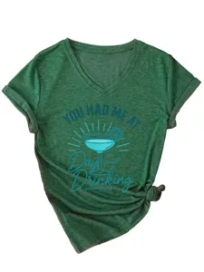 Stijlvol casual dames V-hals korte mouw t-shirt met cocktail grafische print en knoop