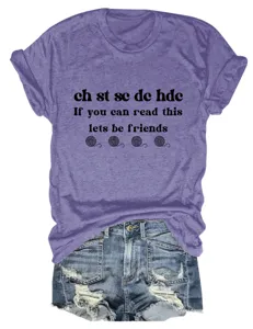 Crochet themed graphic detail on purple heather short sleeve t-shirt, casual and cozy style.
