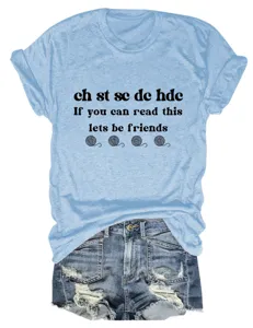 Light blue short sleeve crewneck t-shirt with funny crochet text print casual top